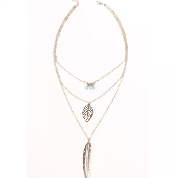 Feather Leaf Stone 3-Layer Necklace Boho Nature - Picture 2 of 2